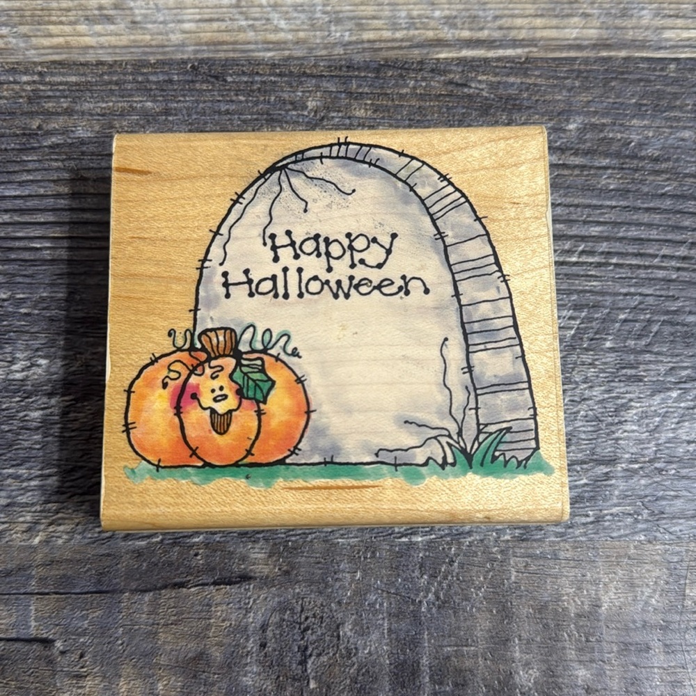 1998 Penny Black Wood Mounted Halloween Headstone Pumpkin Rubber Stamp Vintage